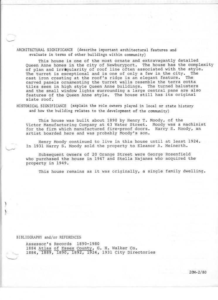 20 Orange Street,Henry Moody House, Newburyport Historic Survey