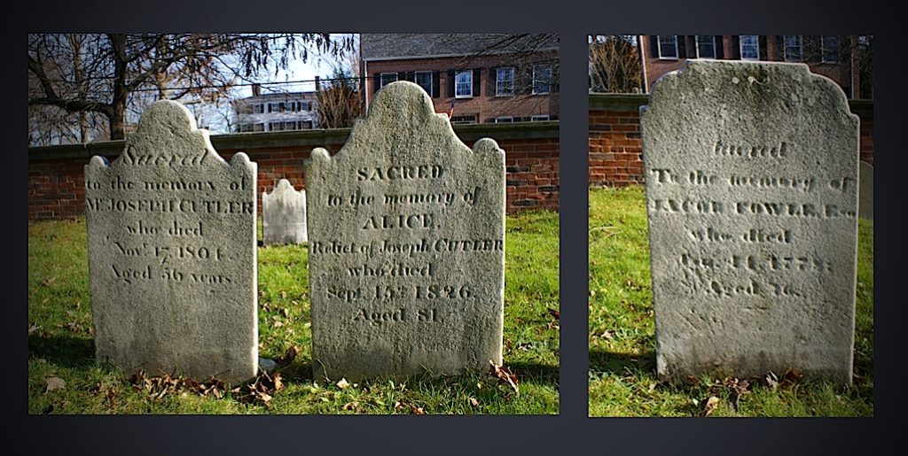 Alice's grave at St Paul's Church in Newburyport, between the graves of her two husbands, Joseph Cutler on the left and Jacob Fowle Jr. on the right.