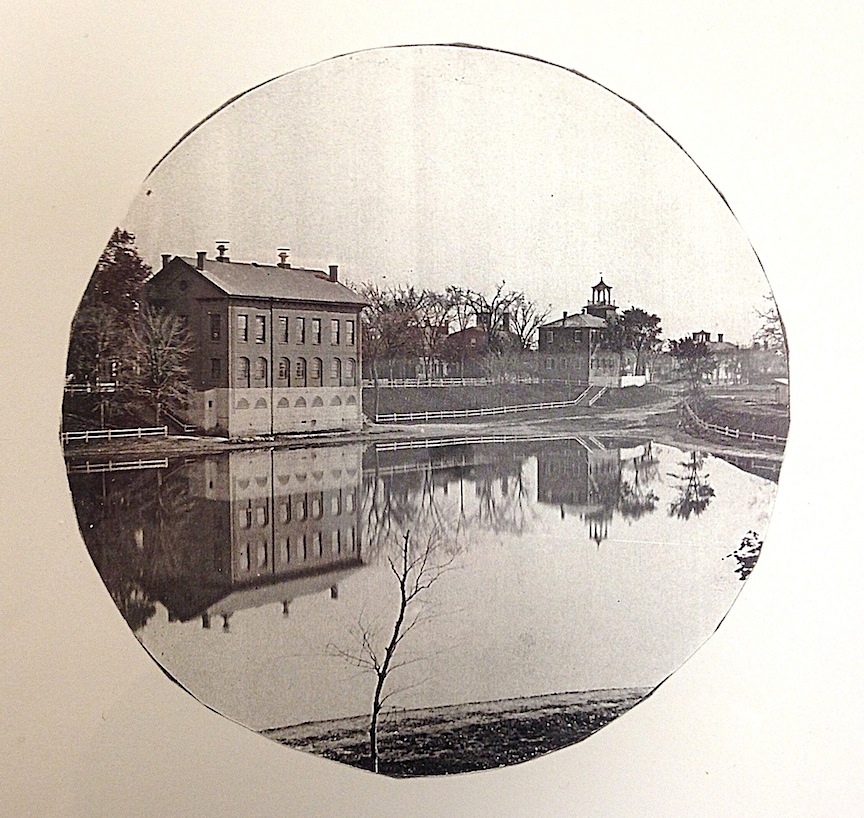 The back of the 1796 School house, Frog Pond and the Courthouse courtesy of the Archival Center, the Newburyport Public Library.