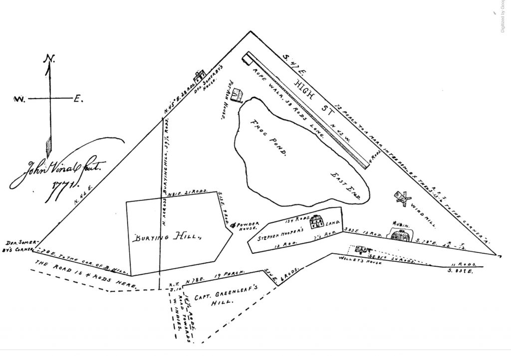 Survey by John Vinal of "Plan of land and Buildings in the Vicinity of Frog Pond," 1771, Courtesy of the City of Newburyport. 