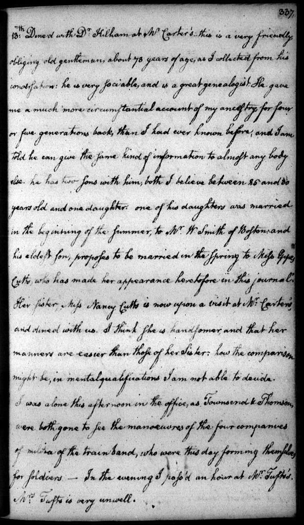 The actual page from John Quincy Adams Diary describing his account of dining with Nathaniel Carter