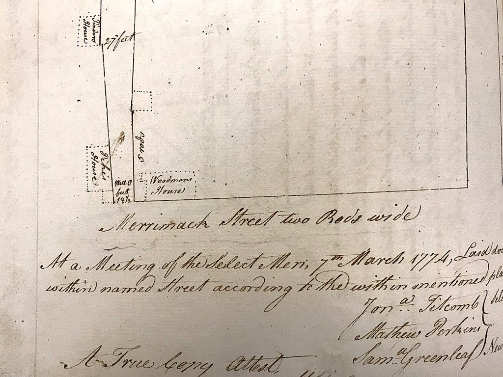 Detail of the map of Wood's Lane and Merrill Lane 1775 from the Newburyport Records 1764-1789,  year 1775, Vol 1.