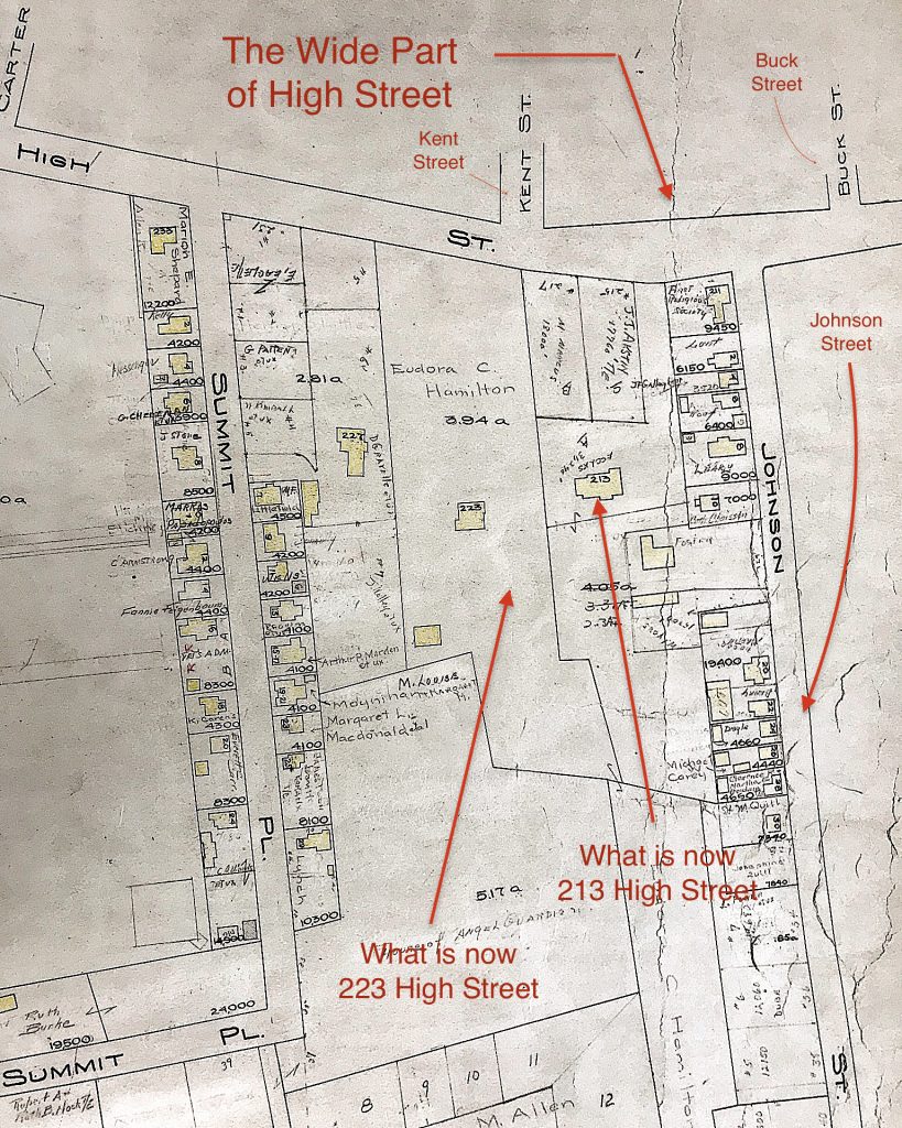 1924 Assessors Map showing the wide part of the road and 213 and 223 High Street