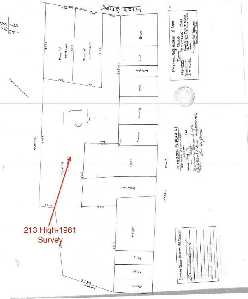 Survey from 1961 of 213 High Street, showing the widen part of the road.
