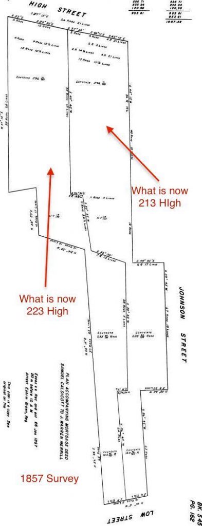 Survey from 1857 of what is now 213 and 223 High Street that proves that the roadway was as wide as it is today. 