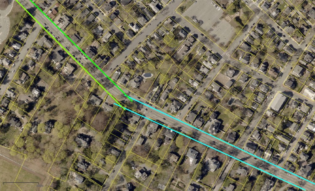 A drawing of a theory of why the High Street is so wide between Kent and Buck Street.